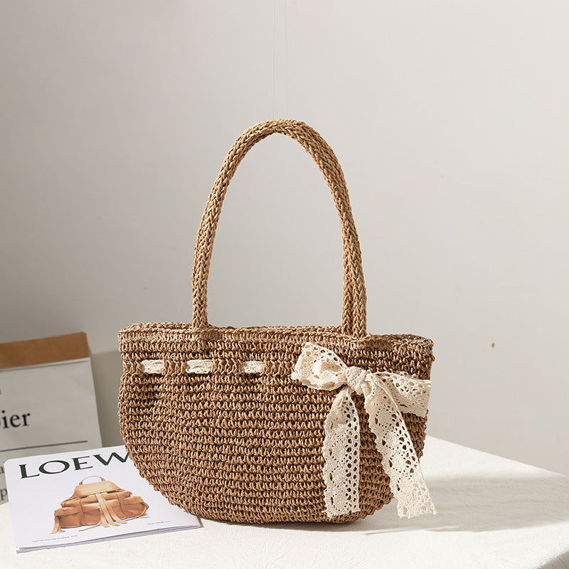 Bow Design Woven Straw Shoulder Bag